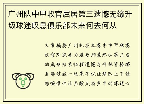 广州队中甲收官屈居第三遗憾无缘升级球迷叹息俱乐部未来何去何从